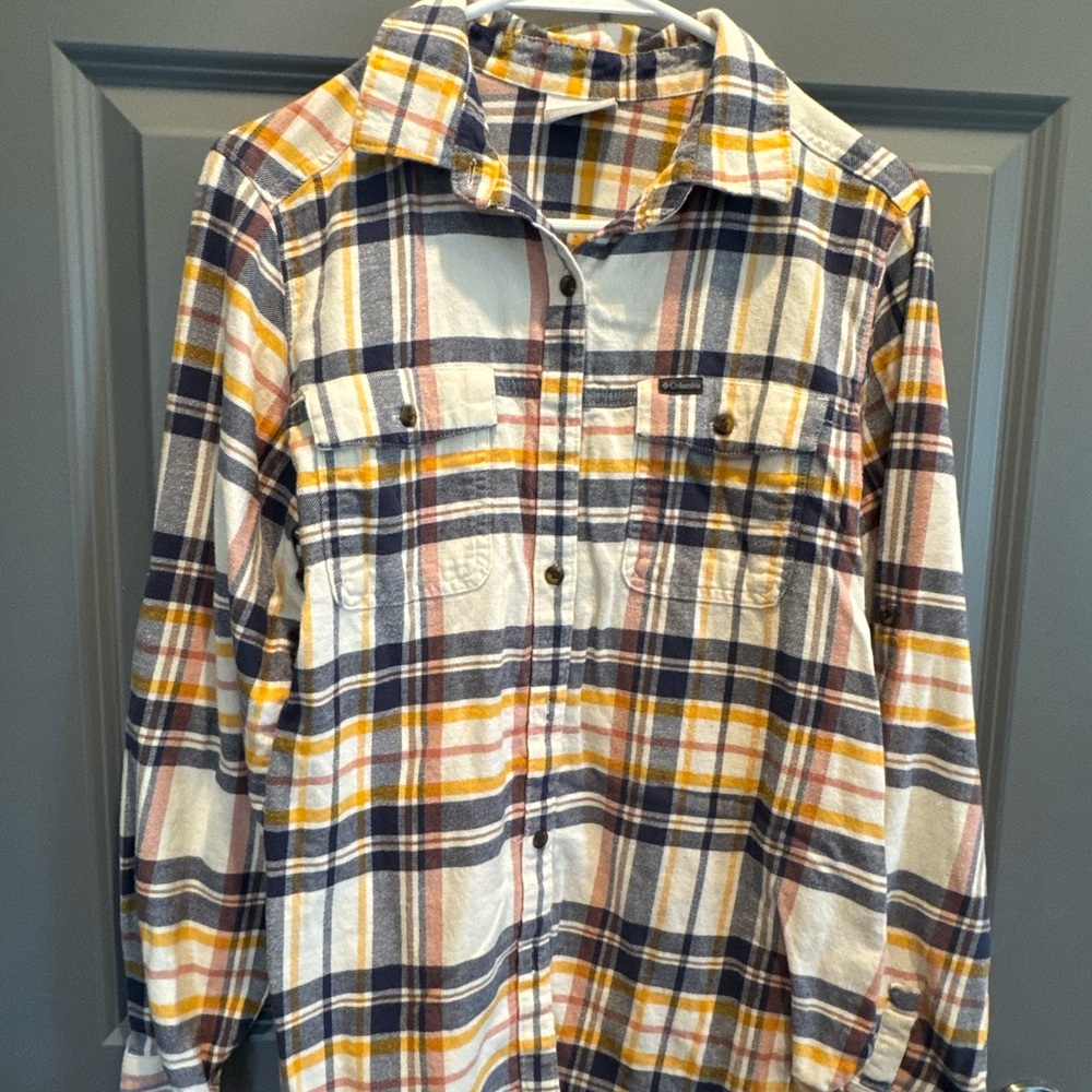 Columbia Plaid Button-Up Shirt in Navy, Mustard & Cream